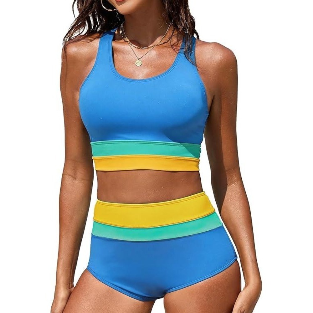 Dipinon High‎ Waisted Bikini Set Blue Yellow Colorblock Size M NWT